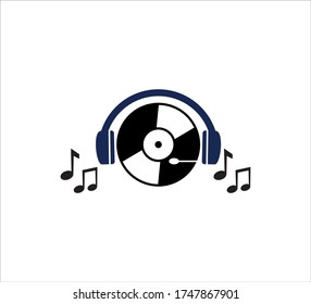 music disc wearing a headset vector icon logo design template for podcast, channel, application and digital sound streaming provider industry