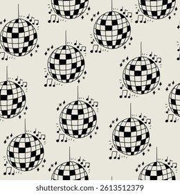 Music Disco ball seamless pattern. Dance mirror party ball background. Vector sketch wallpaper