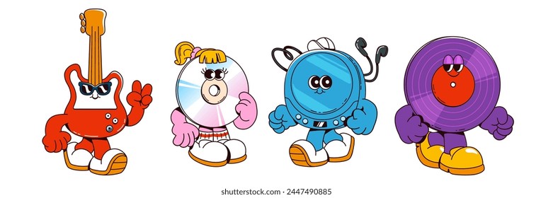 Music and disco party retro groovy cartoon characters. Vector illustration set of cute vintage comic mascot of guitar and cd, record player and vynil. Funky smile personage of audio equipment.