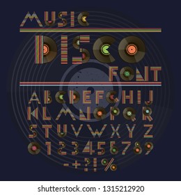 Music disco retro font. Alphabet and numbers with vinyl records.
