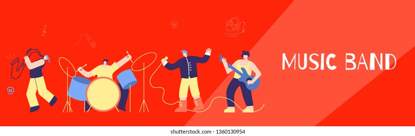 Music Disco Rock Jazz Pop Band Performance. Musician People Playing Musical Instruments Singing Loud Song on Concert Scene. Flat Horizontal Banner. Promotion Advertising Festival Vector illustration