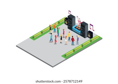 Music Disk jockey Festival Illustration Concept 3d Isometric View of Party Elements,people dance. Concert Background and Stage Landscape. Musical Event vector illustration