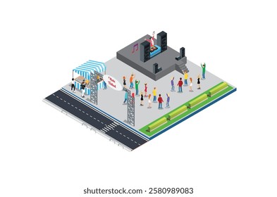 Music Disk jockey Festival Illustration Concept 3d Isometric View of Party Elements,people dance. Concert Background and Stage Landscape. Musical Event vector illustration