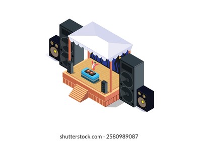 Music Disk jockey Festival Illustration Concept 3d Isometric View of Party Elements,people dance. Concert Background and Stage Landscape. Musical Event vector illustration