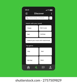 Music Display Theme: Music Platform Sample. Spotify Display template. Joox. Apple. Iphone. Google Music. SoundCloud. YouTube Music. Iphone. Android. UI. UX. User interface user experience. TikTok. Song player interface design with photo frame of compositions. Different buttons loading panel with discover artist and Song