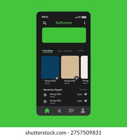 Music Display Theme: Music Platform Sample. Spotify Display template. Joox. Apple. Iphone. Google Music. SoundCloud. YouTube Music. Iphone. Android. UI. UX. User interface user experience. TikTok. Song player interface design with photo frame of compositions. Different buttons loading panel with discover artist and Song