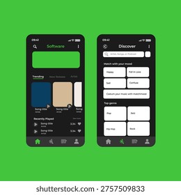 Music Display Theme: Music Platform Sample. Spotify Display template. Joox. Apple. Iphone. Google Music. SoundCloud. YouTube Music. Iphone. Android. UI. UX. User interface user experience. TikTok. Song player interface design with photo frame of compositions. Different buttons loading panel with discover artist and Song