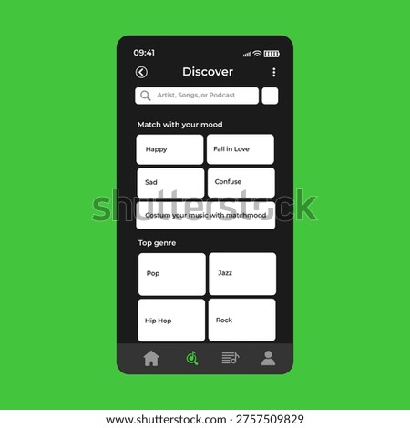 Music Display Theme: Music Platform Sample. Spotify Display template. Joox. Apple. Iphone. Google Music. SoundCloud. YouTube Music. Iphone. Android. UI. UX. User interface user experience. TikTok. Song player interface design with photo frame of compositions. Different buttons loading panel with discover artist and Song