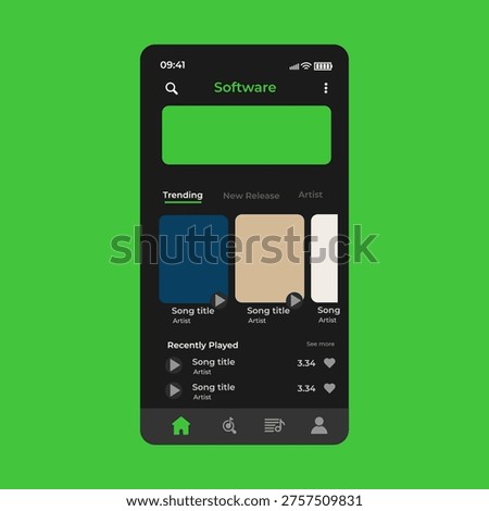 Music Display Theme: Music Platform Sample. Spotify Display template. Joox. Apple. Iphone. Google Music. SoundCloud. YouTube Music. Iphone. Android. UI. UX. User interface user experience. TikTok. Song player interface design with photo frame of compositions. Different buttons loading panel with discover artist and Song