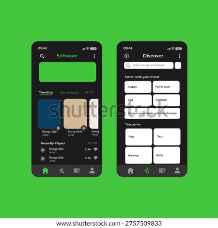 Music Display Theme: Music Platform Sample. Spotify Display template. Joox. Apple. Iphone. Google Music. SoundCloud. YouTube Music. Iphone. Android. UI. UX. User interface user experience. TikTok. Song player interface design with photo frame of compositions. Different buttons loading panel with discover artist and Song