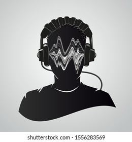 Music dj head with headphones. Human face with audio waves. Vector illustration. Man musician portrait isolated on white.