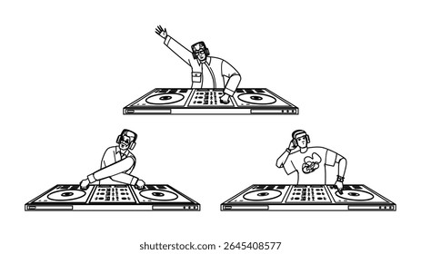 música dj man personagem turntable vetor. beat mix, arranhão de vinil, club party music dj man personagem turntable. pessoas linha preta desenho ilustração
