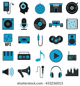 Music and dj set icons in flat style. Vector illustration. DJ and disco web icons. Sound objects. 