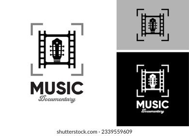 Music Documentary Logo With Guitar Head Filmstrip. Movie Cinema Photography Music Logo Design