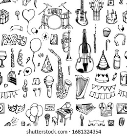 Music doodle background seamless pattern. Drawing vector illustration hand drawn