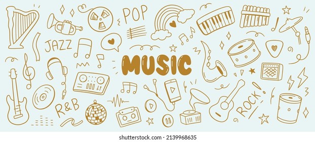 Music doodle background. Vector illustration. Instrument draw hand concept