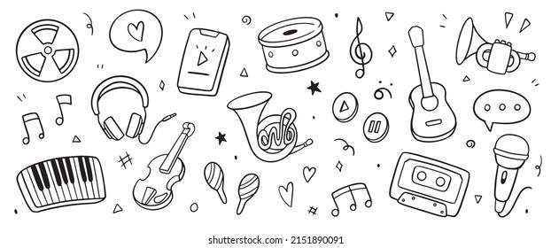 Music doodle background. Vector illustration. Equipment of Music draw hand concept