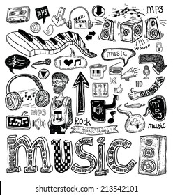 Music doodle collection, hand drawn illustration.