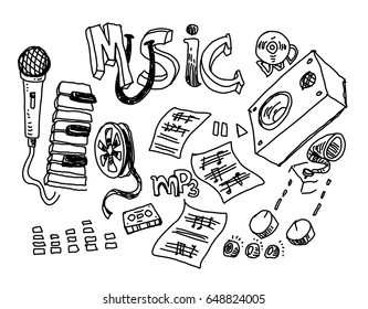 Music doodle collection, hand drawn illustration.