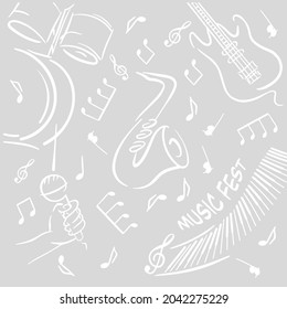 Music doodle color poster vector template with the inscription Music Fest on gray background. Music hand drawn frame, musical concert, festival, live event,  banner