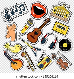 Music Doodle with Guitar, Microphone and Headphones.  Musical Stickers, Patches and Badges. Vector illustration