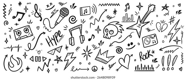 Music Doodle Icon Set with Punk Rock Guitar, Microphone, Skull, Thunder, Arrow, Crown, and Hand Drawn Graffiti Style Elements on Transparent Background