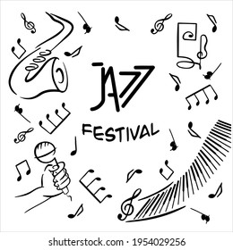 Plantilla vectorial del doodle musical con la inscripción Festival de Jazz. Marco dibujado a mano, concierto musical, festival, evento en vivo, banner