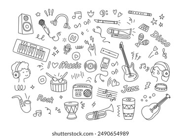 Doodle de música, ilustraciones decorativas dibujadas a mano simples con auriculares, discos de música, radio, altavoces, flautas, tambores, trompetas, etc