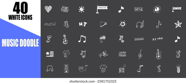 Music doodle, simple hand drawn decorative illustration. white sketch icon. retro flat style.