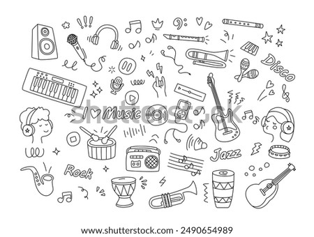 Music doodle, simple hand drawn decorative illustrations with headphones, music records, radio, speakers, flutes, drums, trumpets etc