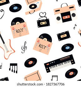 Music  doodle vector hand drawn seamless pattern . musical equipment, headphones, audio, cassette, vinyl record, record player, notes. Musical vector illustrations flat icons and elements.