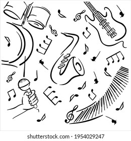 Music doodle white and black poster vector template. Jazz music hand drawn frame, musical concert, festival, live event,  banner