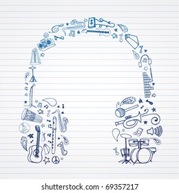 Music doodles in headphones shape.