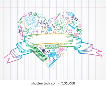 Music doodles in heart shape with blank banner.