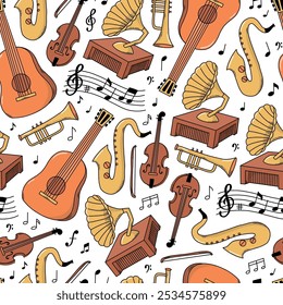 Música rabisca padrão sem emenda com violinos, guitarras, saxofones, gramofones, notas para papel de parede, papel de embrulho, scrapbooking, têxtil, papel digital, etc. EPS 10