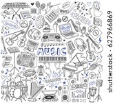Music doodles set. Musical instruments, devices and symbols. Freehand vector drawing isolated on white background