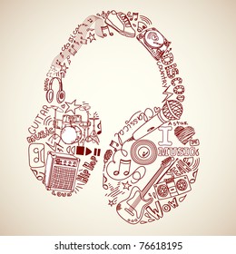 Music doodles in the shape of a earphones