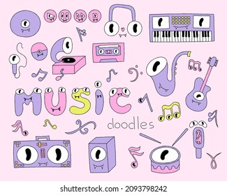 Musikdoodles - Synthesizer, Mikrofon, Vinyl-Player, Lautsprecher, Gitarre, DJ-Controller, Schlagzeug, Kopfhörer, Audiokassette, Notengrafik, Vektorgrafik, EPS-Stockillustration