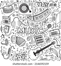 Music doodles, vector hand drawn set on white background
