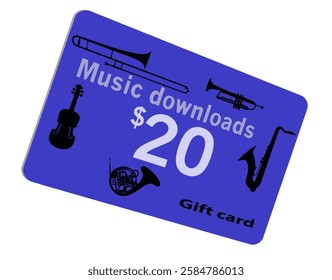 A music download gift card  for $20 is seen isolated on a white background.