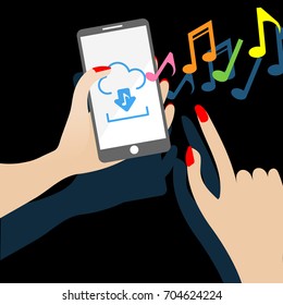 Music download icon on smartphone screen. EPS10 vector illustration for poster, banner, template, app, web, wallpaper. Woman hand with red nail polish holding mobile phone and music notes.