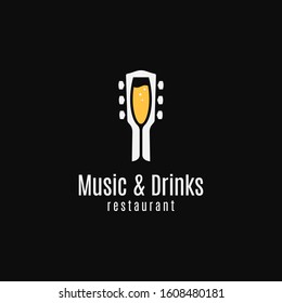 Music and drinks logo. Round linear logo of guitar and champagne glass on black background