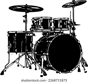 Music drum set silhouette, sketch drawing of drum set