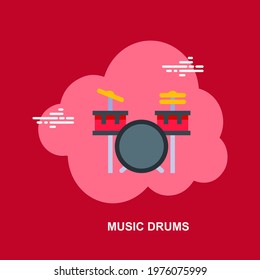 Music drums with music band set on red background flat concept design