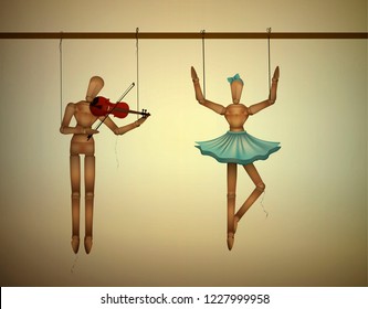 music duet concept, merionettes couple one dancing and one playing violine, vector