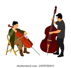 Music duo woman cellist playing cello with contra bass man duet vector illustration. Classic music event artists play string instrument orchestra. Jazz street performer. Musicians double bass band. 