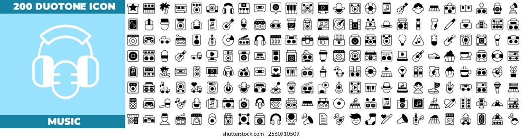Music Duotone Editable Icons set. Vector illustration in modern thin duotone style of music icons: Guitar, play, music note, sound, headphones, mic, etc
