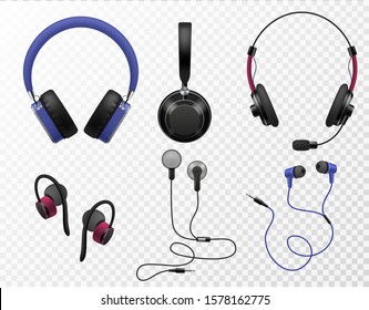 Music earphones. Various types realistic earbuds, wireless headset and portable in ear headphones, sound gadget accessories, 3d vector digital modern equipment set