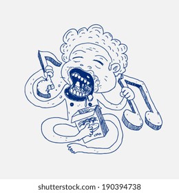 music eater, man eating music notes, hand drawn doodle style sketch vector illustration.