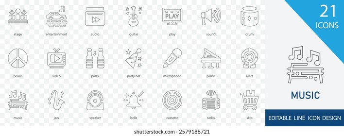 Music editable line  icon set. containing  microphone, stage, peace, party, entertainment, cassette and more stroke collection